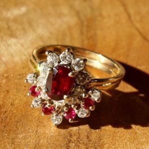 Oxblood genuine ruby & diamond engagement ring & wedding band 14kt gold 1.6 ct